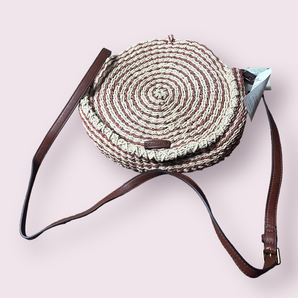 NWT Fossil Faye Crossbody Straw Woven Handbag Terracotta Accents Brown Strap - Picture 5 of 10